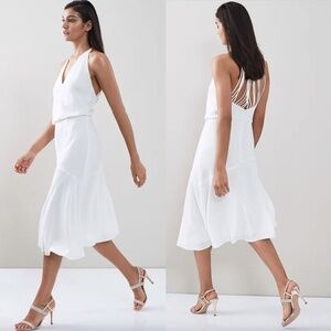 REISS | Luxury Crepe Talin Strappy-Back Fit & Flare Midi Dress in White | Size 8